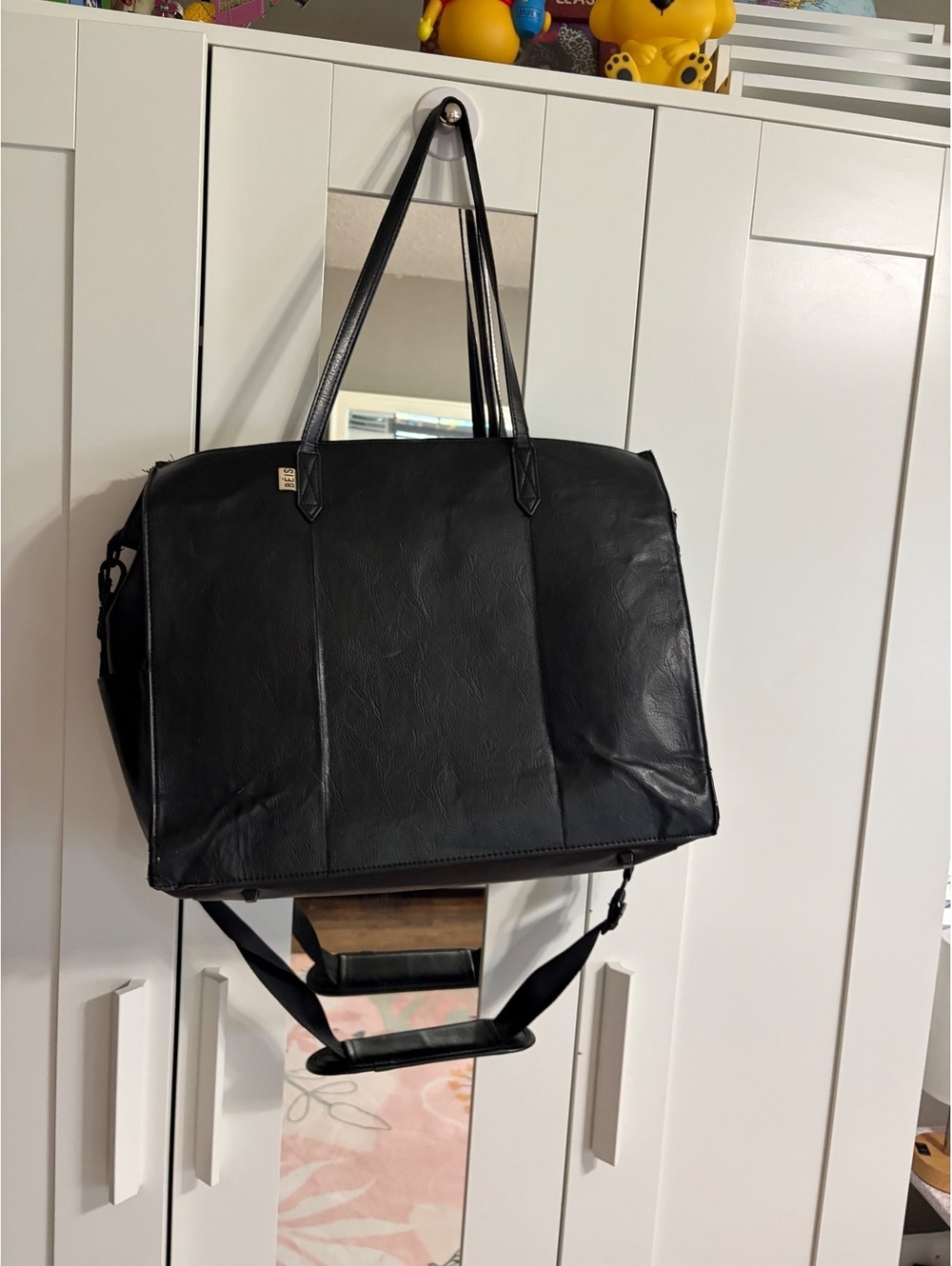 BÉIS Black Faux Leather Tote and Shoulder Bag with Multiple Compartments
